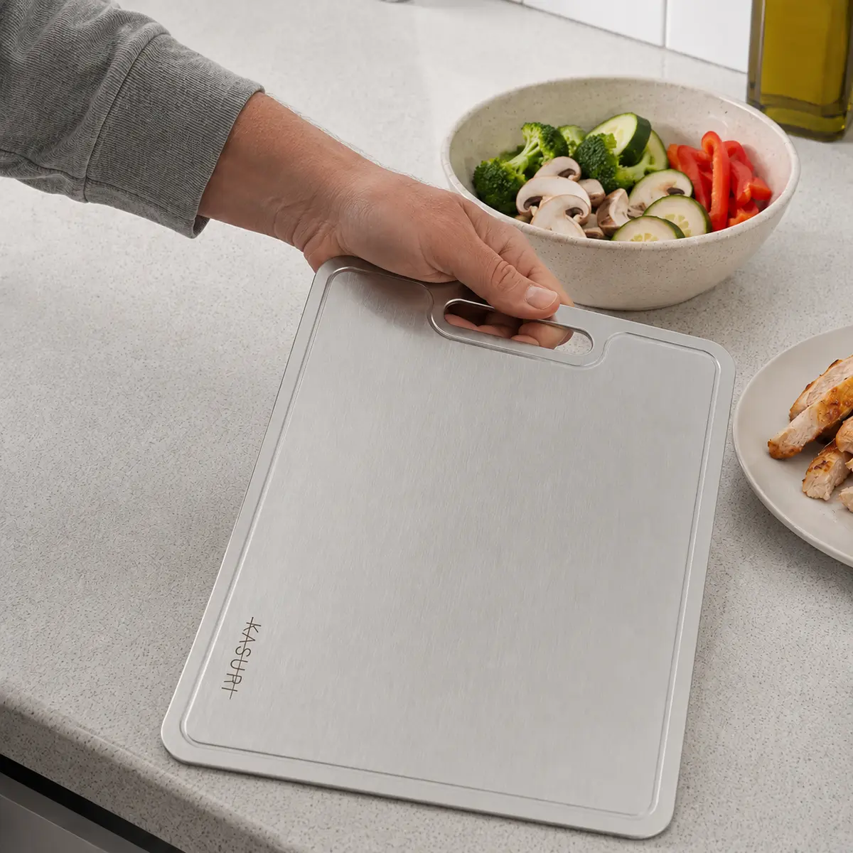 Kasuri cutting board being turned between stages of meal preparation