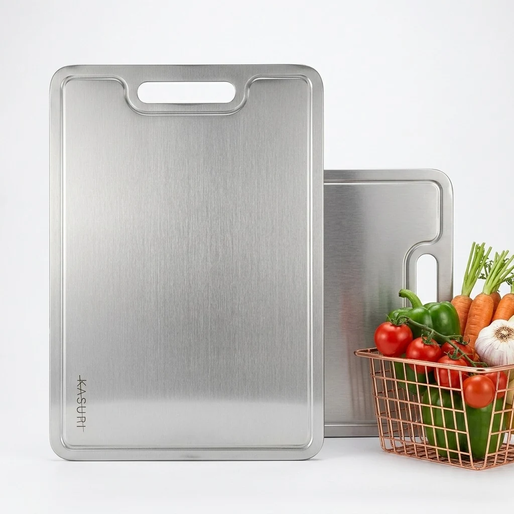 Two Kasuri titanium cutting boards displayed with fresh vegetables
