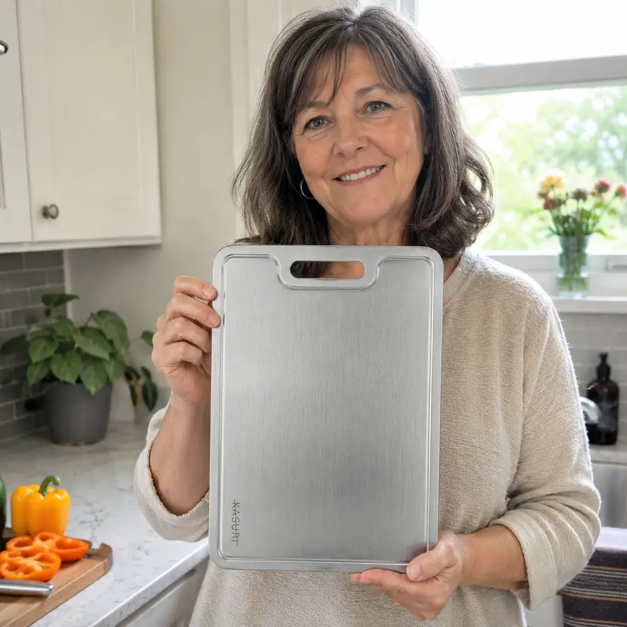 Linda holding a Kasuri cutting board